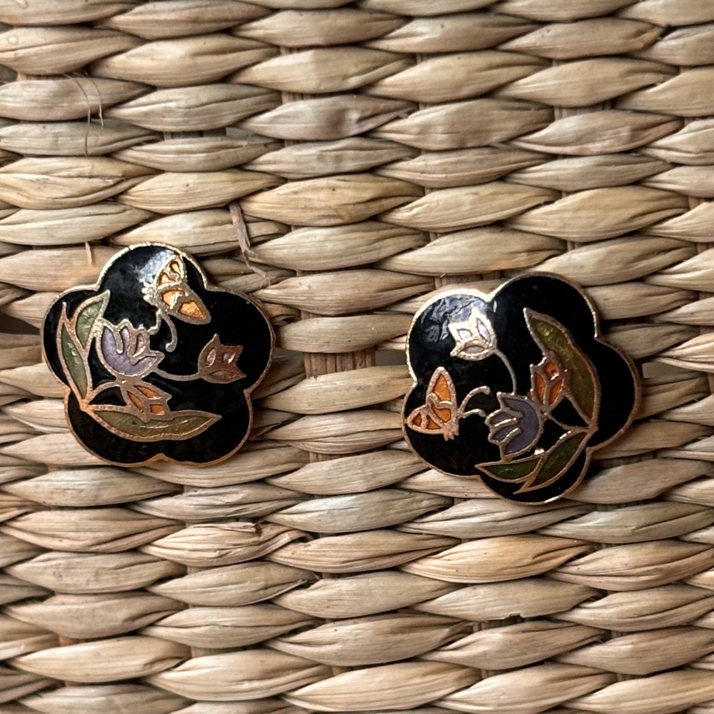 Vintage Cloisonné Enamel Flower Stud Earrings